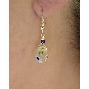 Blue White Millefiori Earrings Flowers Pear Resin Drop Hook Sterling Silver Boho